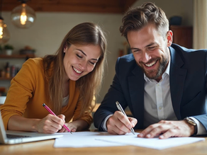 Smiling man and woman sign papers at a table with a laptop in a cozy home office, warm pendant lights glowing.