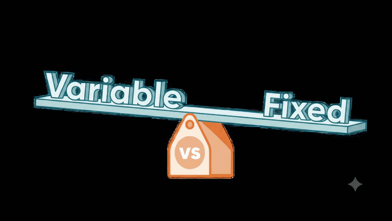 Variable vs Fixed on a tilted balance beam with a hanging vs tag icon against a black background.
