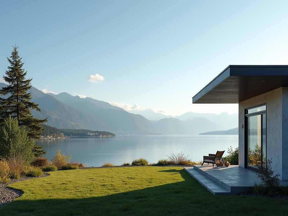 Modern home exterior with a scenic Okanagan lake view, under a clear blue sky..png