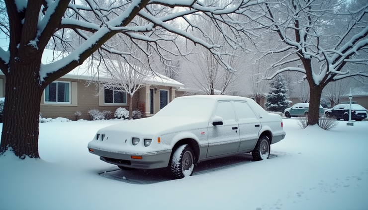 Eye-level view of a snow-covered car parked near a tree with snow-laden branches in Denver