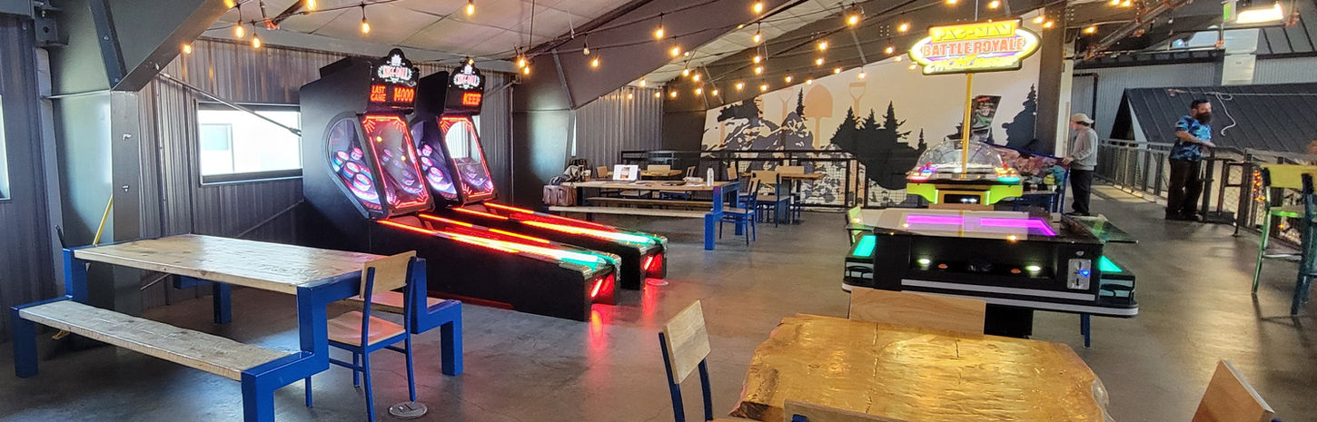 Arcade room with skee-ball, racing game, and tables