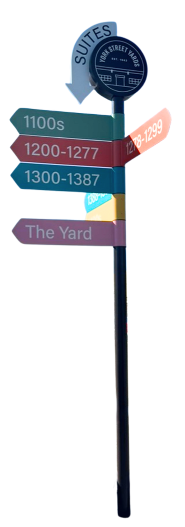 Signpost with directions to suites, 1100s, 1200-1277, 1300-1387, and The Yard.