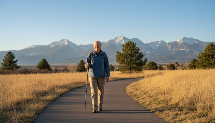 Wide-angle view of an older adult walking slowly on a paved path with Colorado mountains in the distance.
