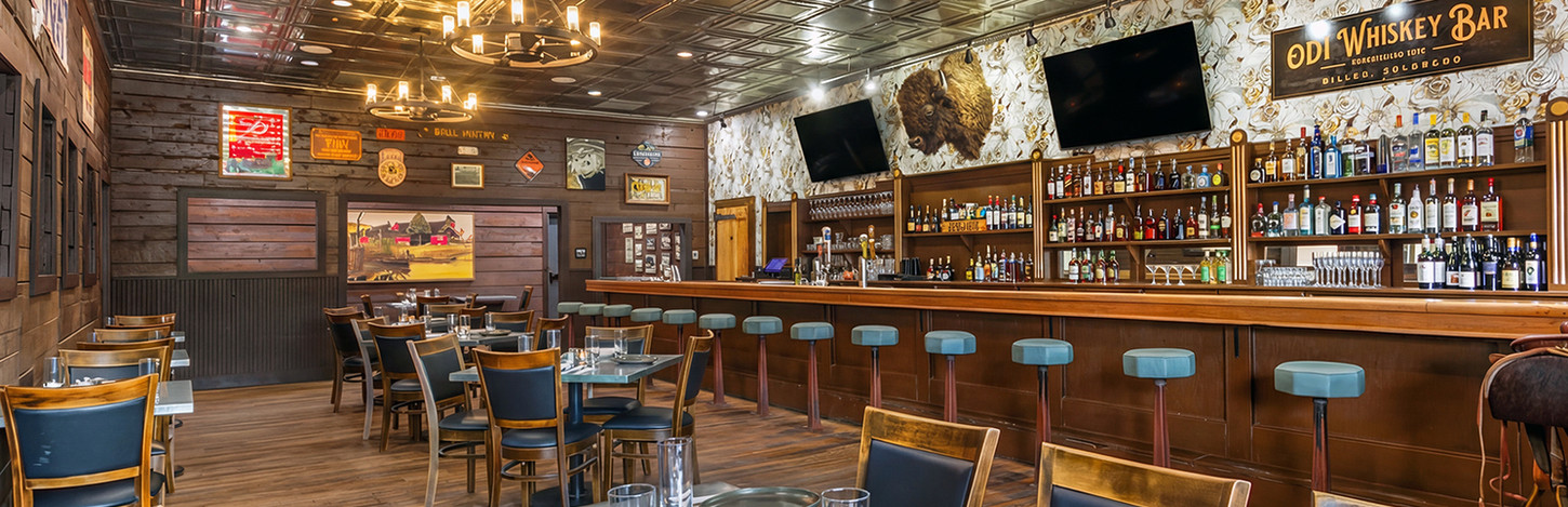 Interior of a bar and restaurant with dining tables