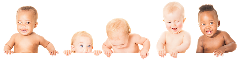 Five diverse babies peeking and smiling