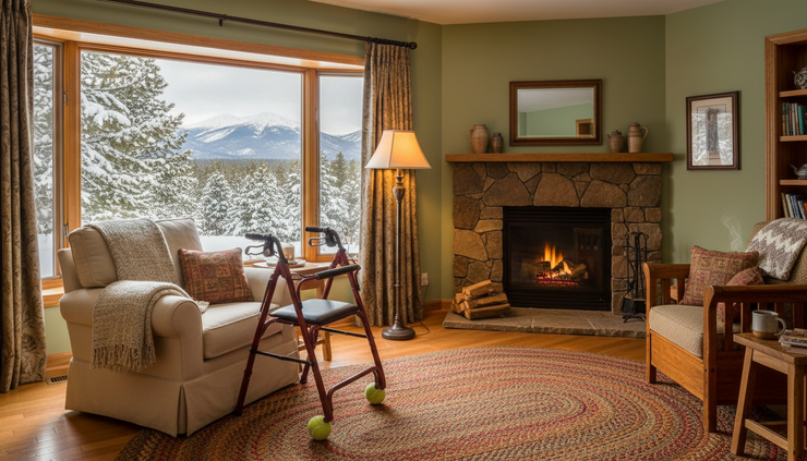 Wide-angle view of a cozy living room with a walker near an armchair and snowy Colorado trees outside.