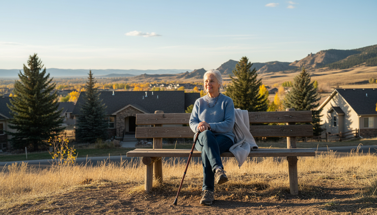 Eye-level view of an older adult sitting on a bench and resting during a walk in a Colorado neighborhood.