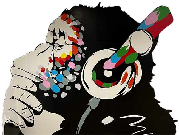 Artwork of a chimpanzee wearing headphones