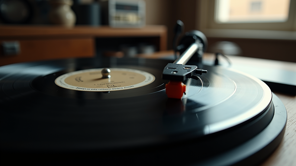 Close-up view of a vinyl record player with a movie soundtrack vinyl