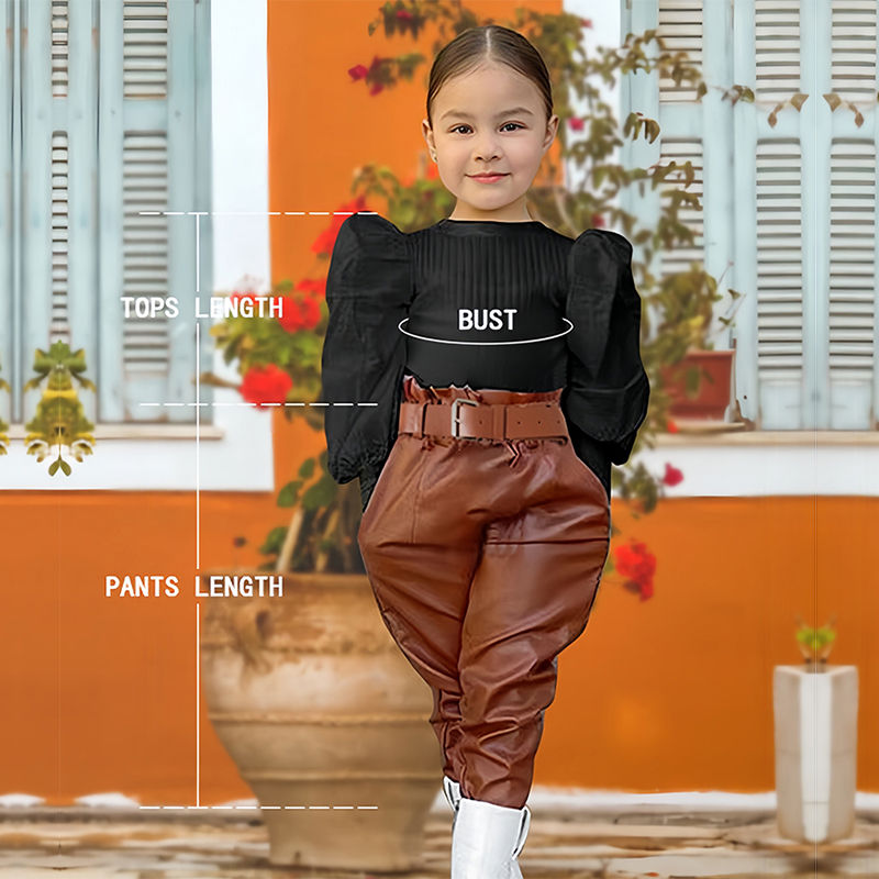 Miniatura: Kids Girls Clothing Set Long Puff Sleeve Ribbed Blouse Tops+PU Leather Pants wit