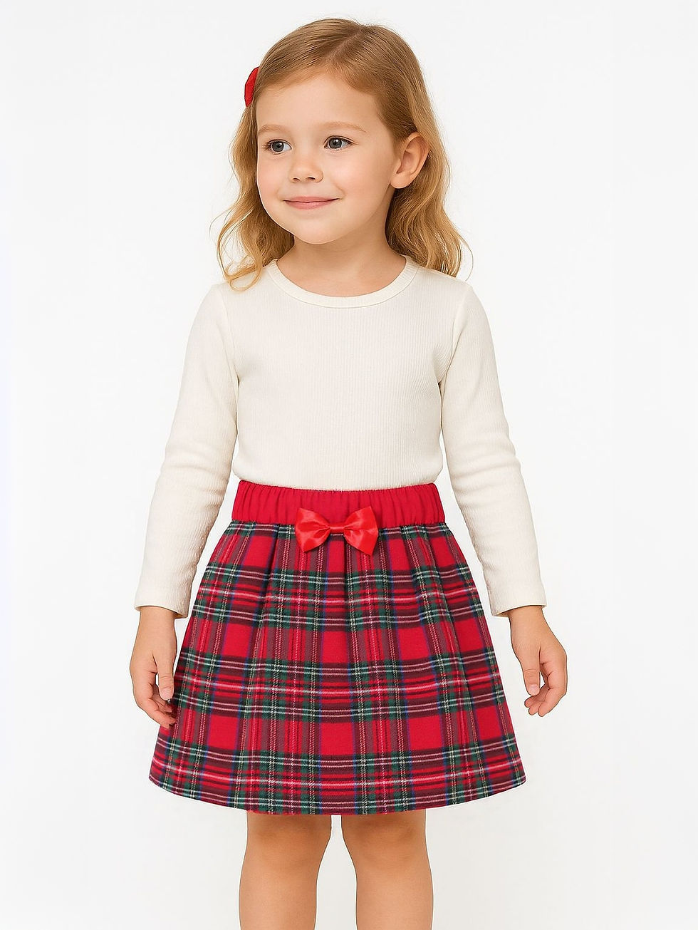 Miniatura: Cute versatileToddler Girls Plaid Skirt with Satin Bow Elastic Waist Kids Tartan