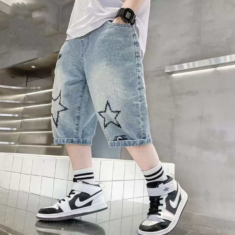 Miniatura: Boys Straight Denim Shorts Summer Children Casual Wide-leg Knee Length Pants Tee