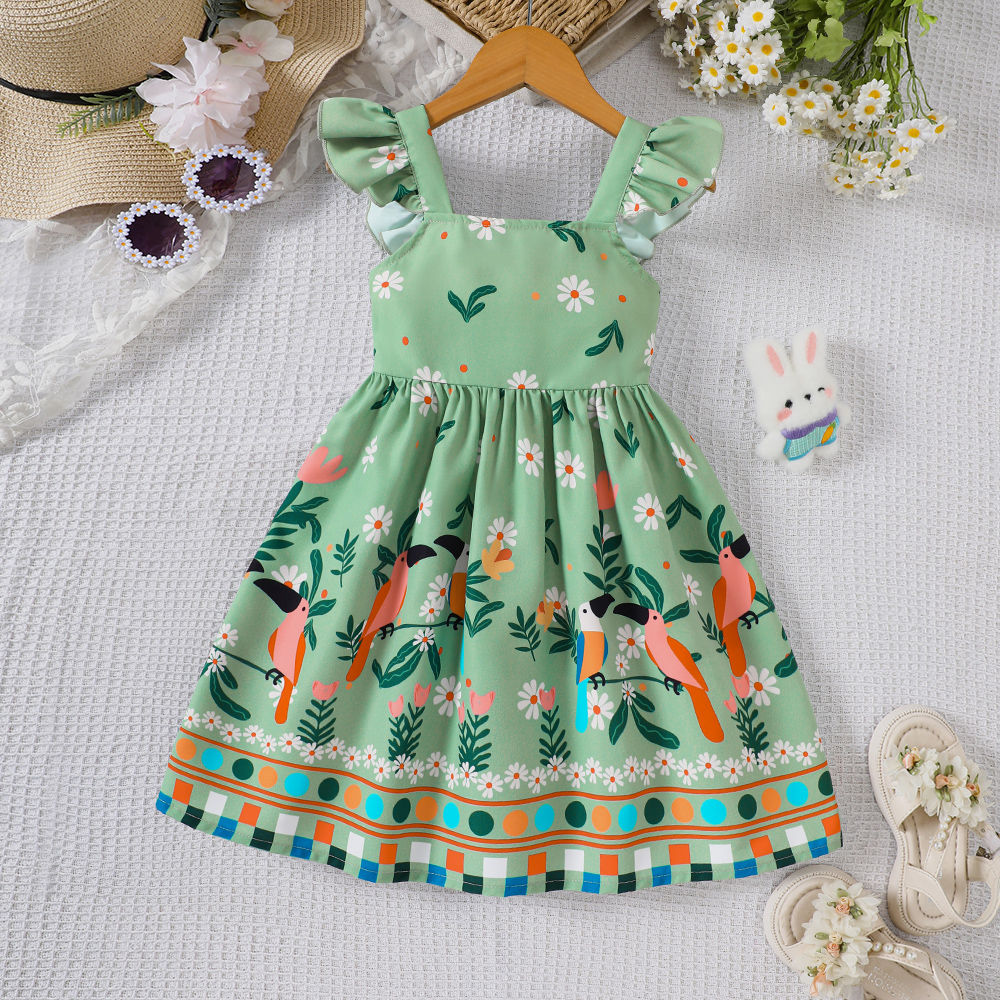 Girls' summer style small fly sleeve plant print dress