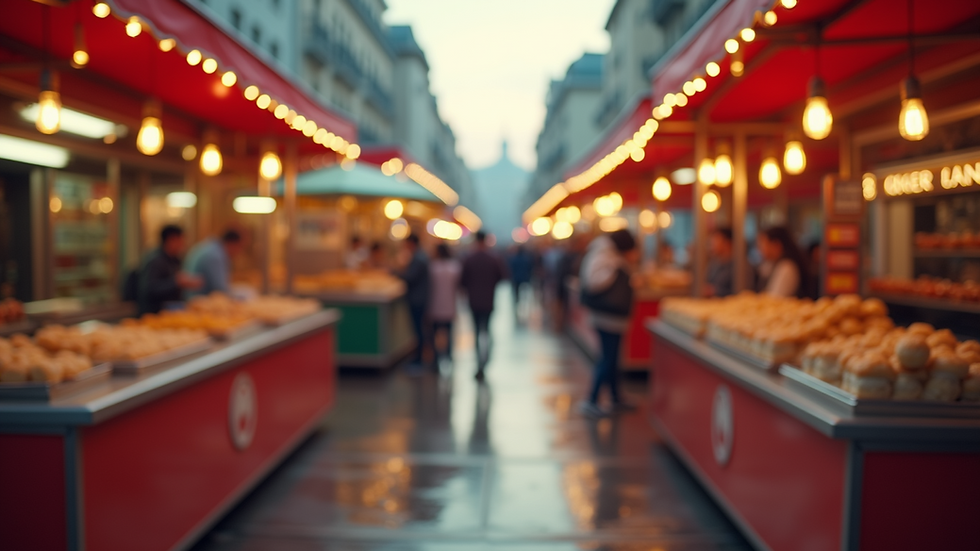 Eye-level view of a vibrant food festival with various food stalls