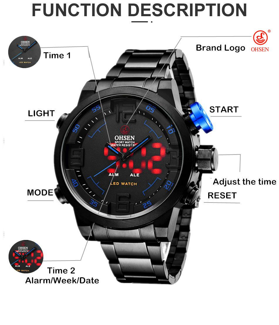Thumbnail: Fashion Sport Watch Men Digital Quartz LED Steel Strap Man Dual Time Watch 3ATM 