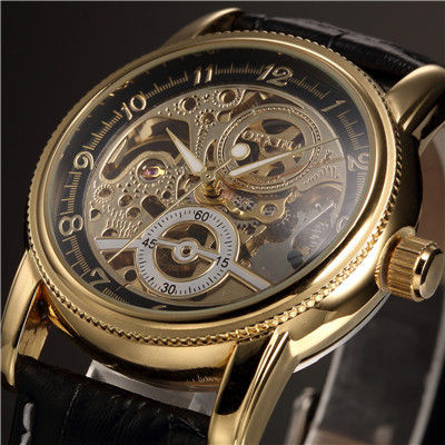 Thumbnail: Men Wrist Watches Luxury Golden Skeleton Mechanical Steampunk Male Clock Automat