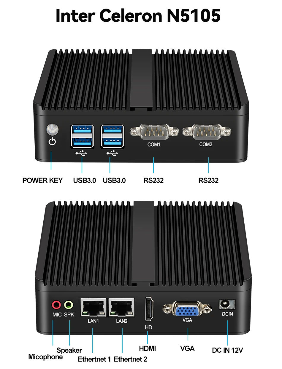 Thumbnail: BEBEPC Fanless Industrial Mini j6412 j4125 i5 4200U 5200U Dual LAN RS232 Win10/1