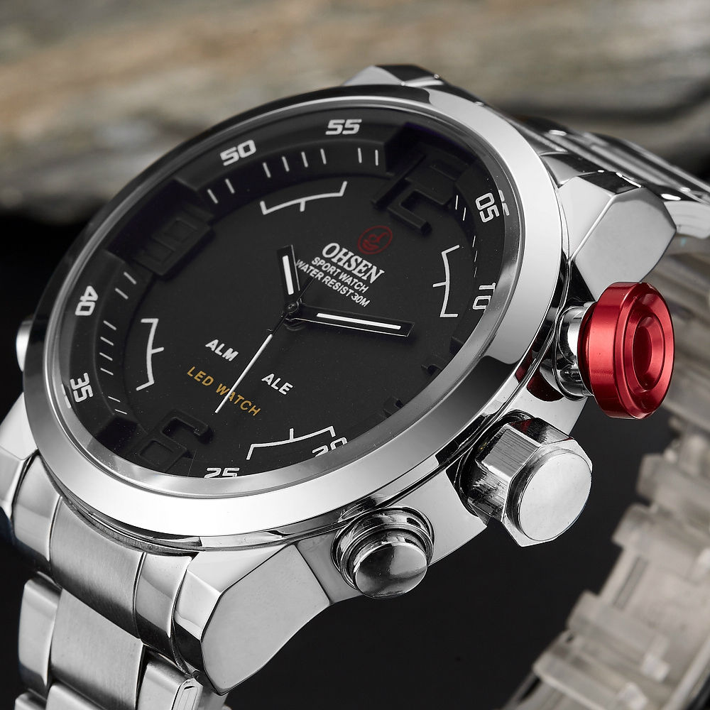 Fashion Sport Watch Men Digital Quartz LED Steel Strap Man Dual Time Watch 3ATM