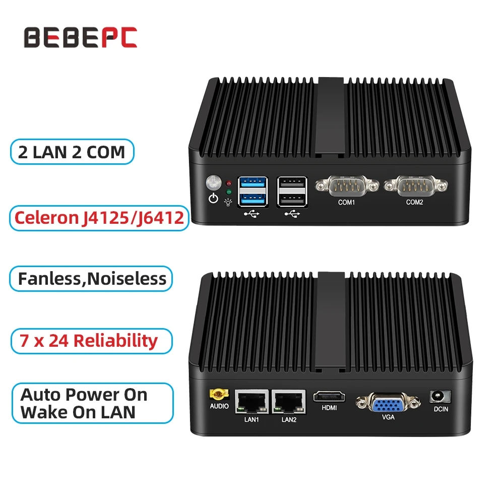 BEBEPC Fanless Industrial Mini j6412 j4125 i5 4200U 5200U Dual LAN RS232 Win10/1
