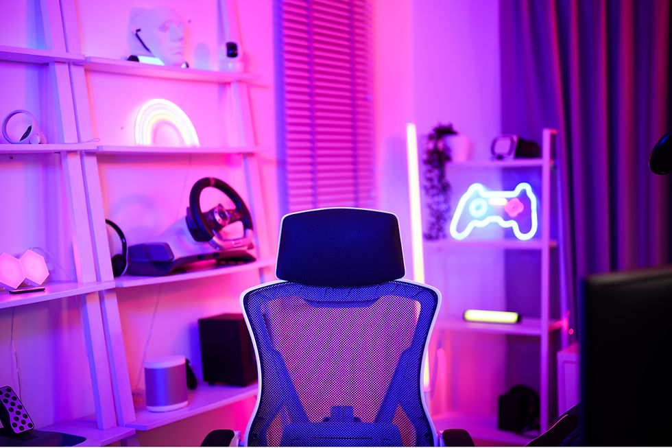 Empty gaming chair in a room with neon lights, shelves holding gaming gear, and a wall-mounted neon game controller light