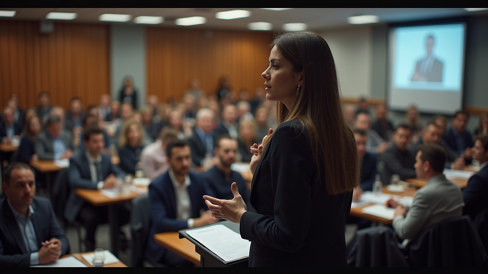 High angle view of a woman presenting at a conference