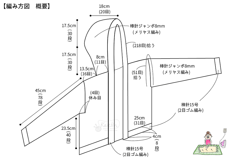 フード付きカーディガンの編み方図