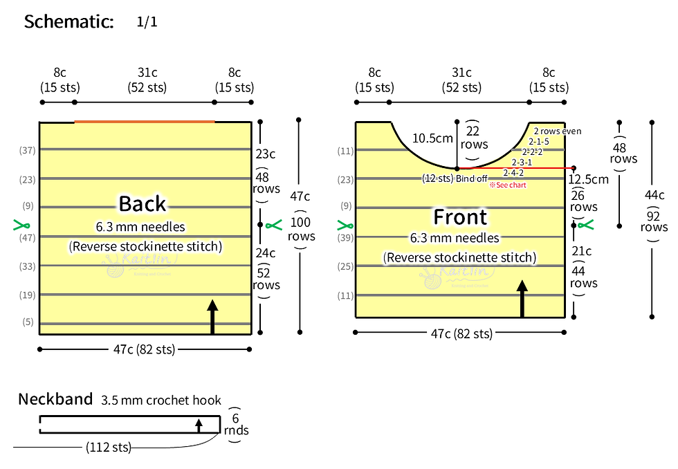 Knitting schematic for a hand-knit window pane tee