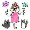 女の子と猫2匹と毛糸と編み針のイラスト An illustration of a girl, two cats, yarn, and knitting needles