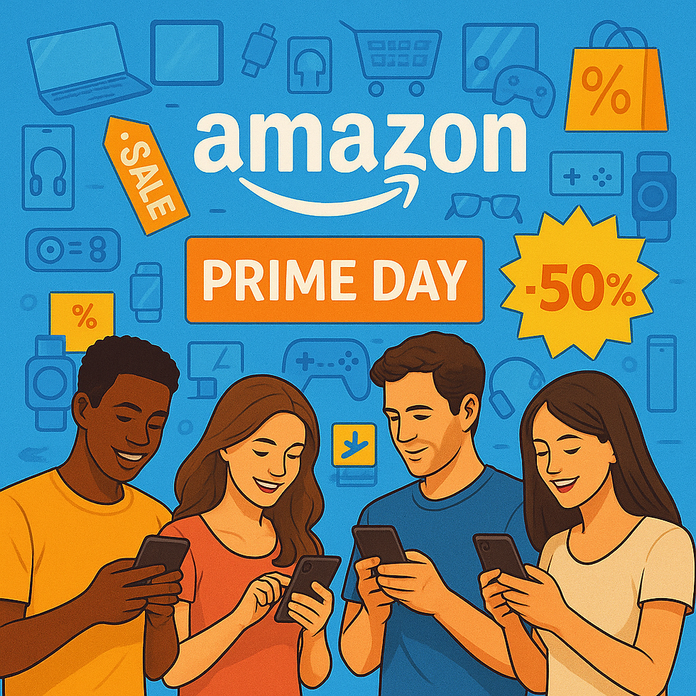 Diverse young people shopping on smartphones during Amazon Prime Day, surrounded by tech icons and sale graphics—emphasizing mobile-first e-commerce trends.