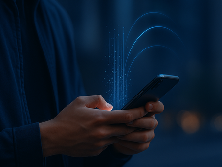 Mani che tengono uno smartphone da cui emergono flussi di dati luminosi che diventano segnali di connettività, simbolo dei dati anonimi che generano internet gratis in modo etico con 0mninet.