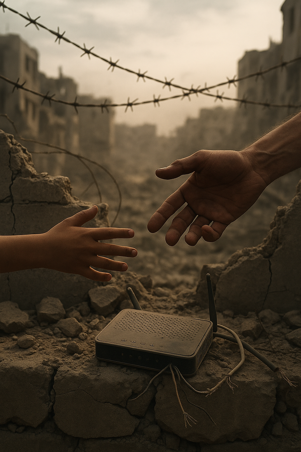 Symbolic image of digital and human disconnection in Gaza: child and adult hands separated by war, with broken internet router in rubble.