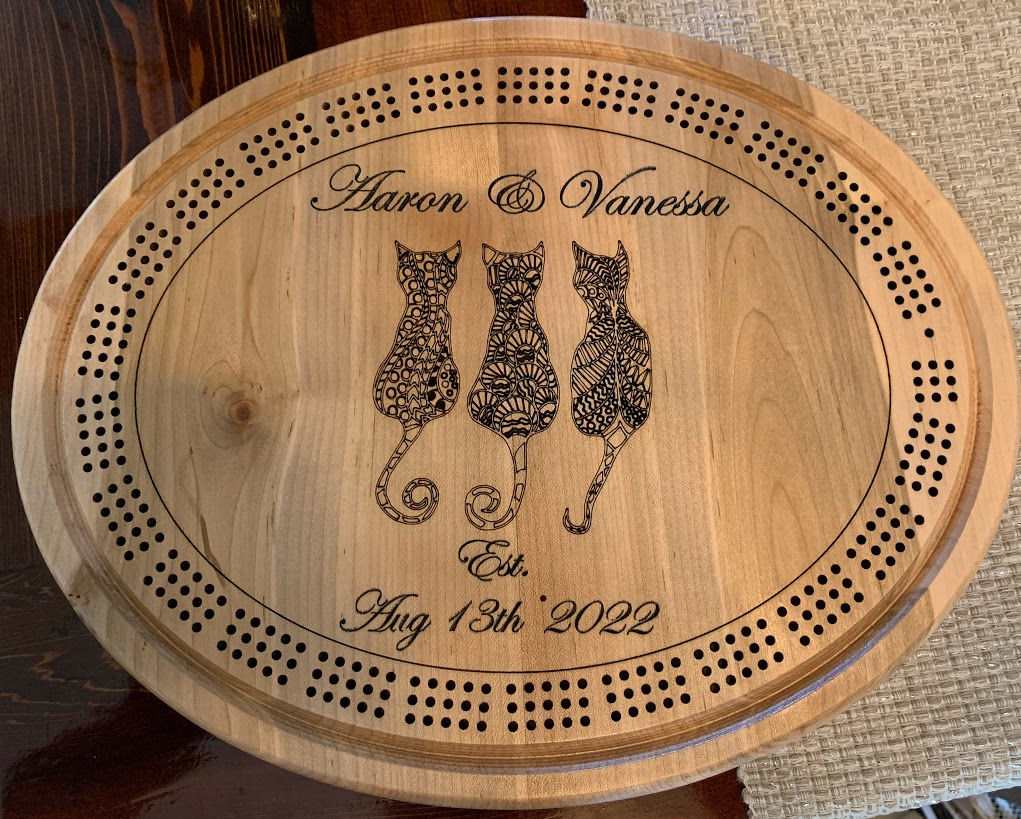 Lasered Cats CNC Cribbage Board