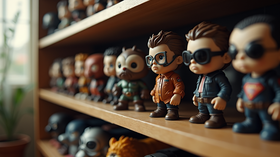 Close-up view of collectible geek figurines on a shelf