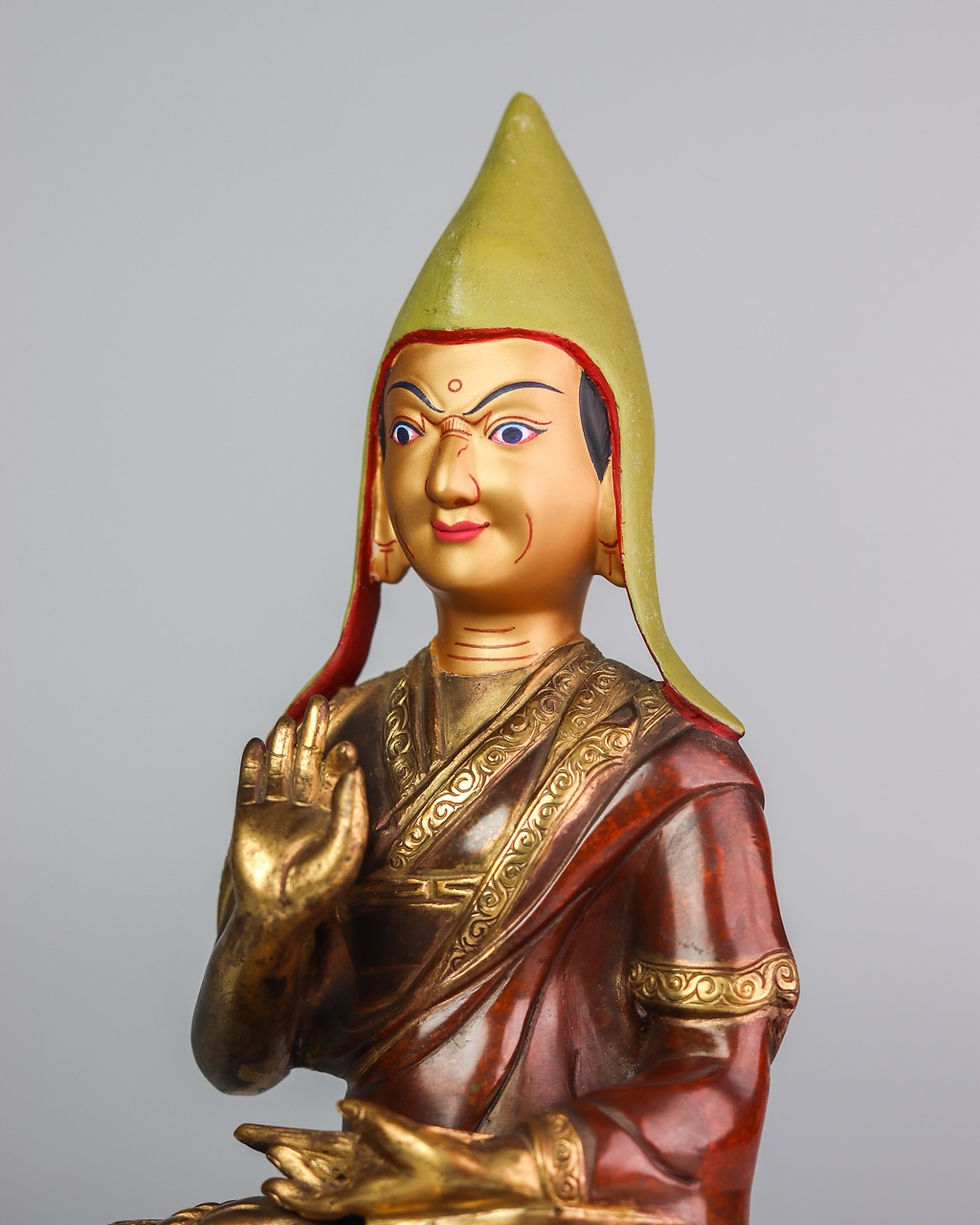 縮圖：宗喀巴師徒三尊 銅 半鎏金 手工 尼泊爾 3 pcs 9" (23 cm)