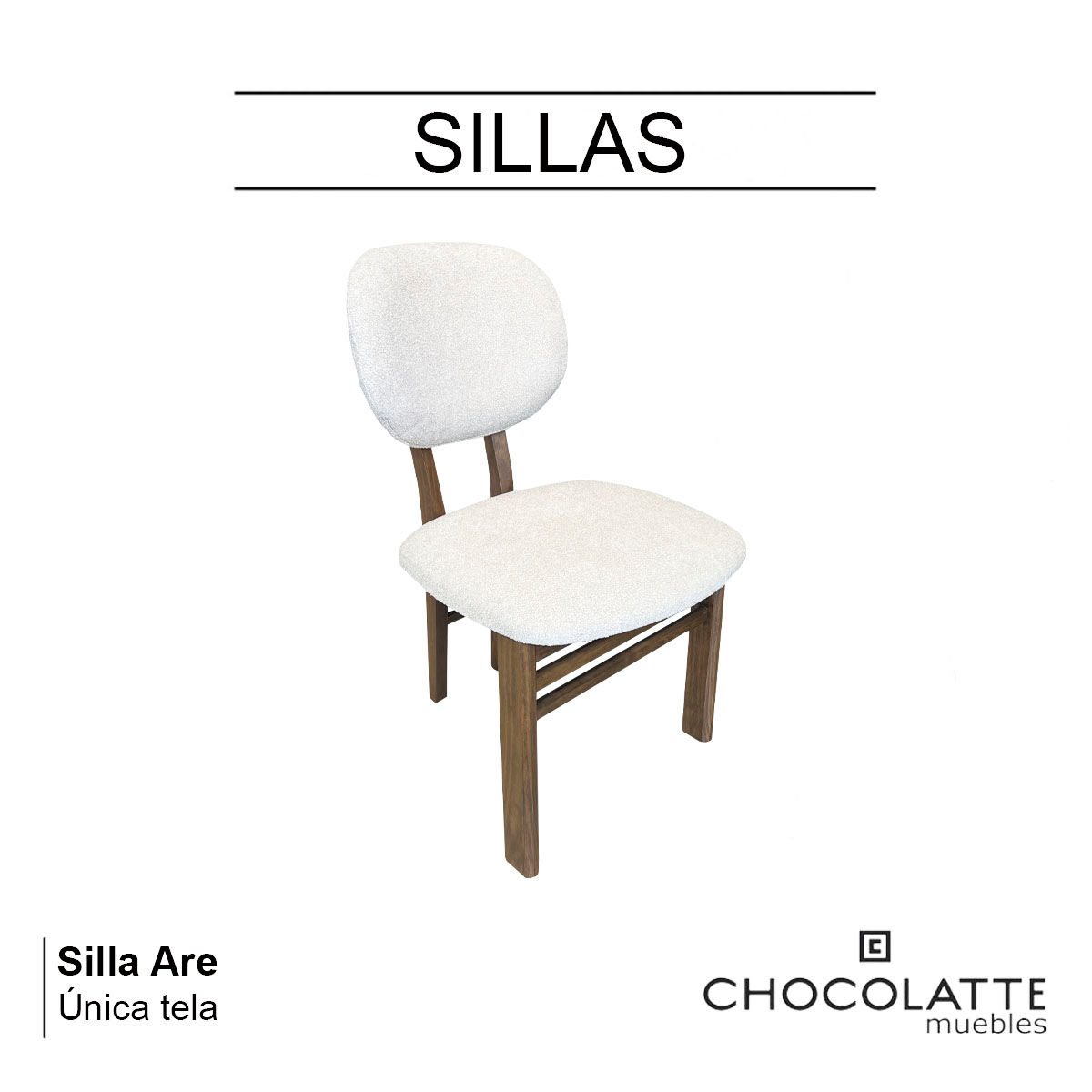 Vista tres cuartos de la silla blanca con patas color nogal