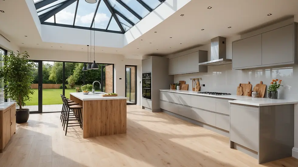 Eye-level view of a modern kitchen extension with natural light