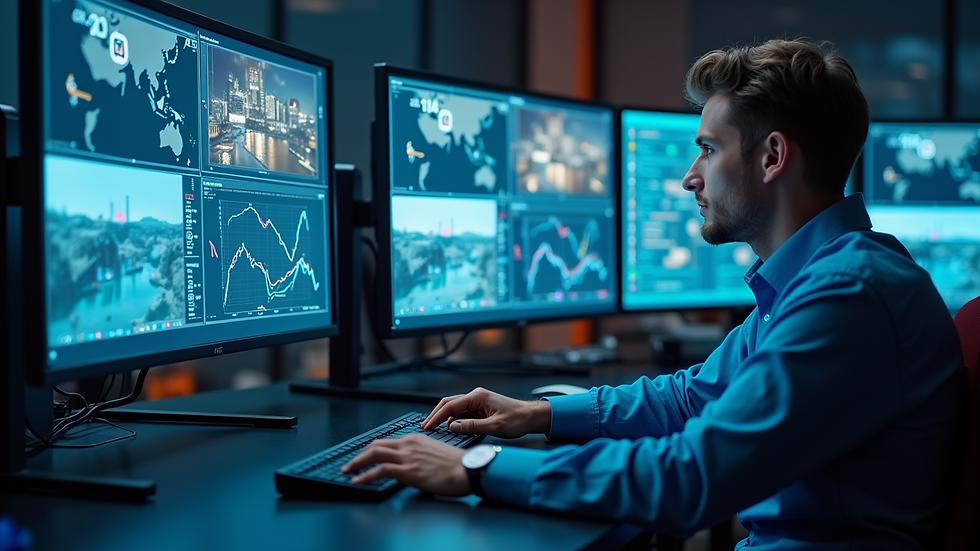 Eye-level view of a digital security operations centre with multiple monitors