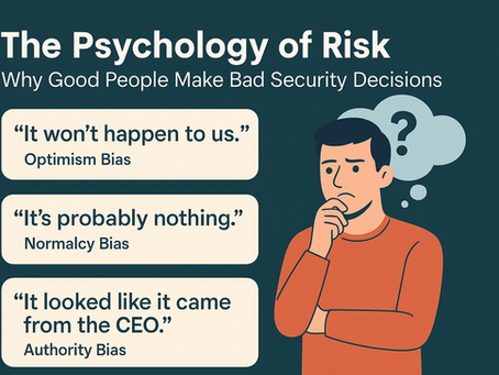 Man thinking with question mark bubble. Text: Psychology of Cyber Risk: Optimism, Normalcy, Authority Bias. Mood: contemplative.
