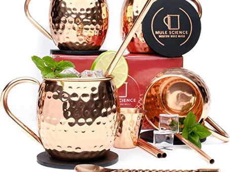 [Gift Set] Mule Science Moscow Mule Mugs Set of 4 (16oz) | Copper Mugs w/ 4 Straws, 4 Coasters, 1 Sh