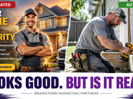 Side-by-side comparison of an AI-generated contractor advertisement and a realistic construction worker on a job site, highlighting the difference between artificial graphics and authentic marketing for service businesses.
