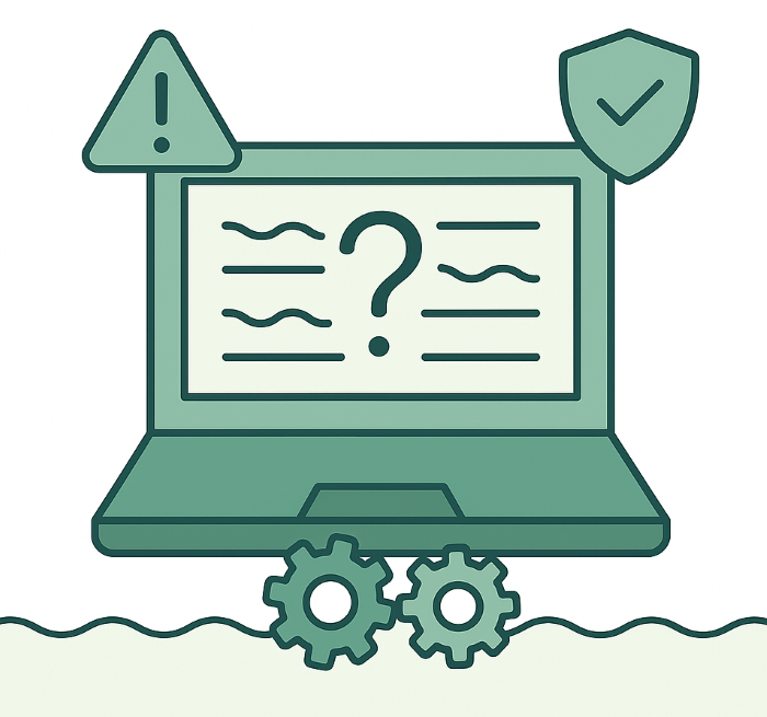 Flat illustration of a laptop with warning icons and gears symbolizing the accuracy ceiling and hidden risks of generative AI in the workplace.