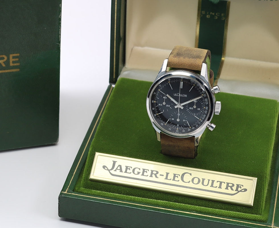 1950's LeCoultre Black Dial Valjoux 72 Chronograph With Box