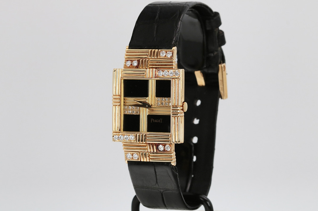 1980's Piaget Polo Ref. 93525 Onyx, Diamond & Yellow Gold Wristwatch