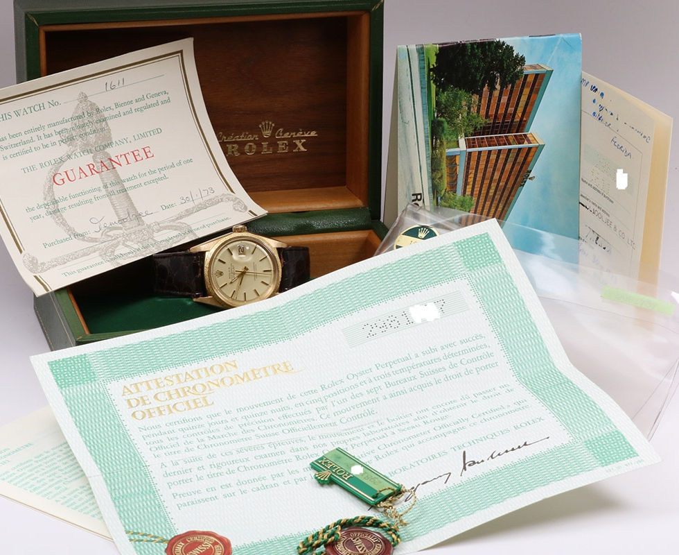 1970 Rolex Datejust Gold Wrist Watch Ref. 1611 Complete Set