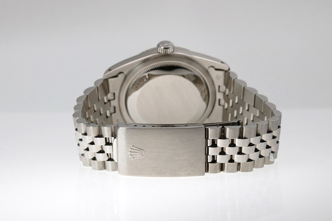 Back Of 1990's Rolex Stainless Steel Datejust Wrist Watch With White Gold Fluted Bezel Ref. 16234