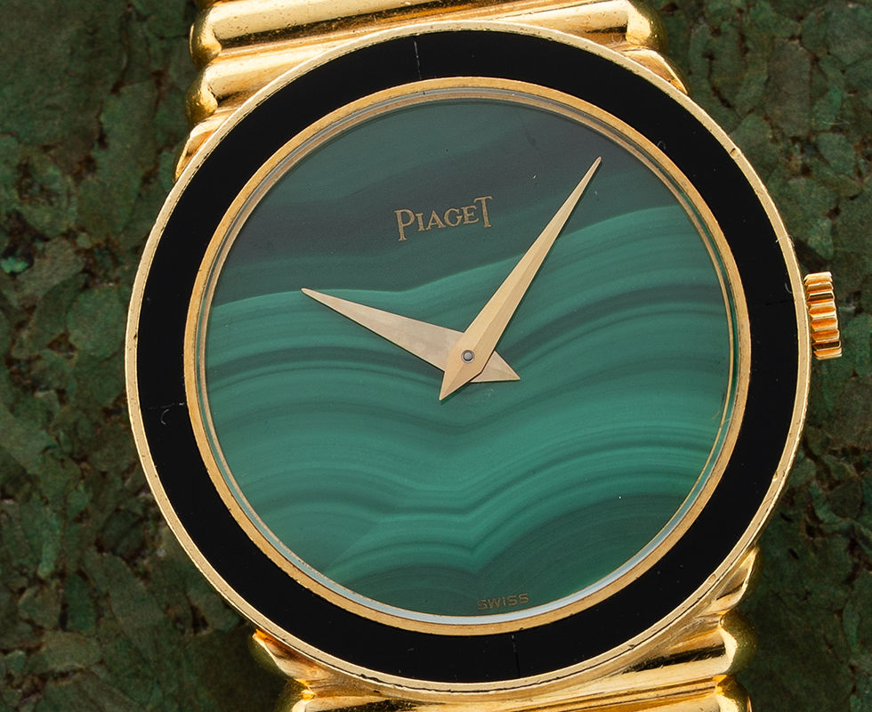 1970's Piaget Ladies Malachite, Onyx & Yellow Gold Wrist Watch Ref. 9091 C 10
