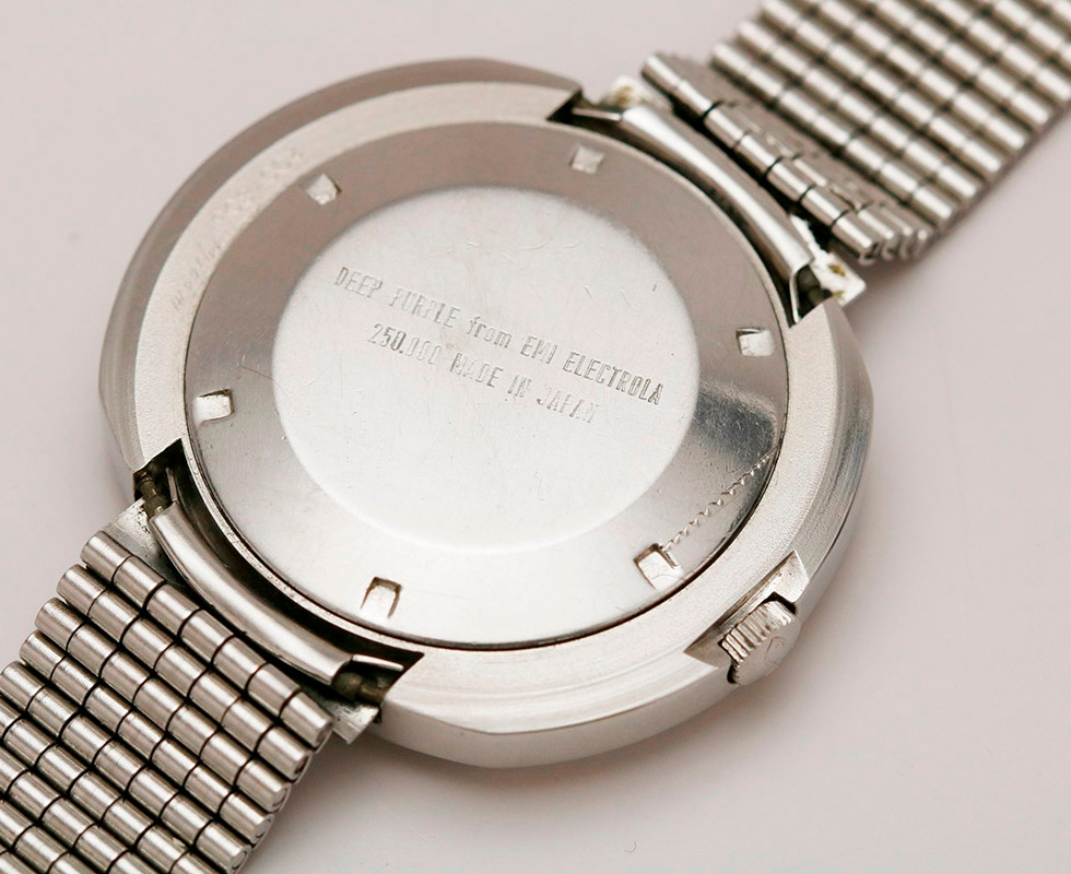 Case Back With 1970's Oval IWC Automatic Wrist Watch With Deep Purple EMI 'Made In Japan' Engraving