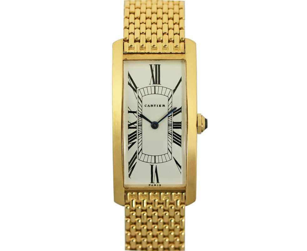 Cartier Tank Cintrée Gold Vintage Rectangular Wrist Watch On Grain Of Rice Bracelet