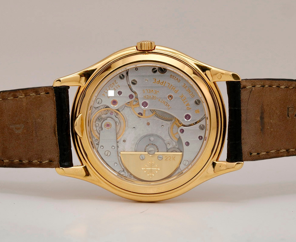 Exhibition Case Back Of 1999 Patek Philippe 18K Yellow Gold Perpetual Calendar Moon Phases Wrist Watch Ref. 3940J