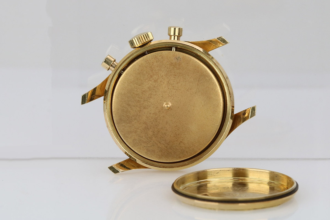 Inner Dust Cover Case Back Of 1968 LeCoultre 18kt Yellow Gold Valjoux 72 Chronograph Wrist Watch